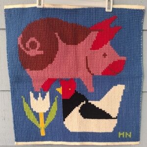 Vintage Needlepoint of a Pig, Chicken And Tulip